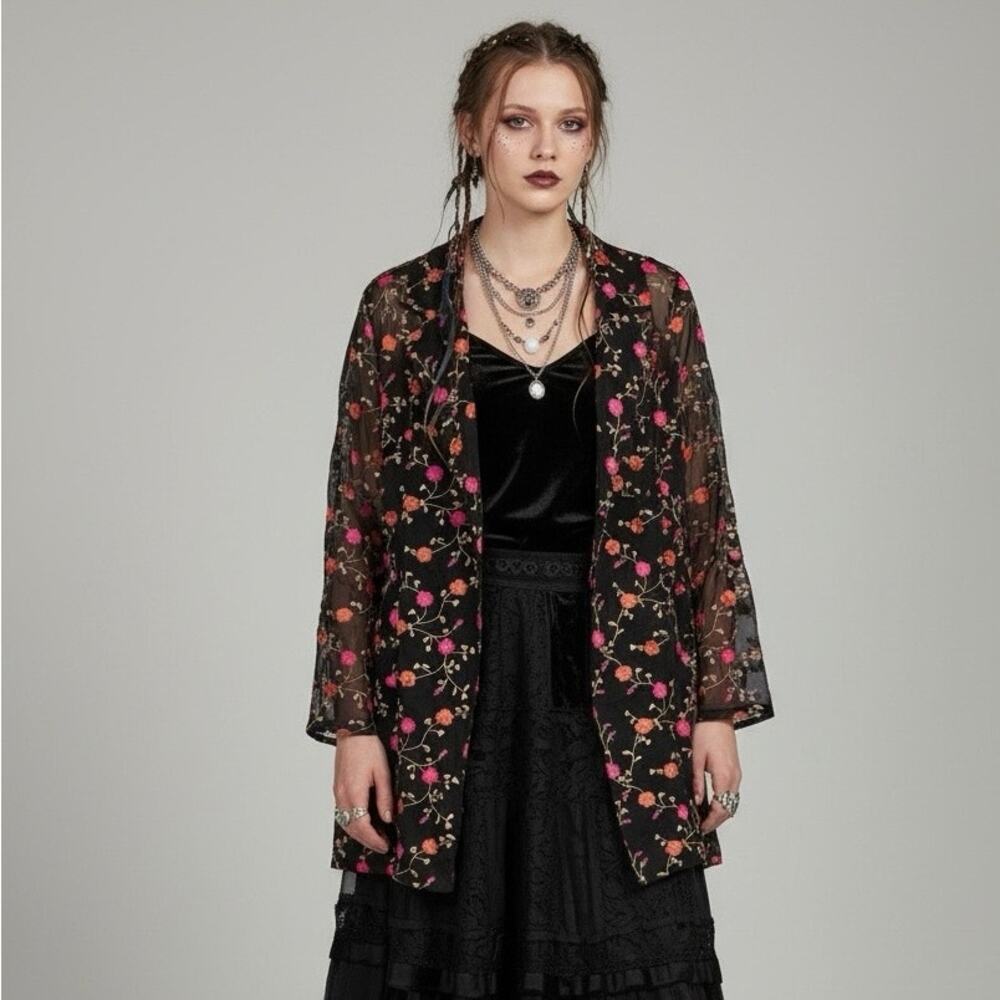 Stunning Karen Kane Black Floral Embroidery Sheer Whimsygoth Blouse